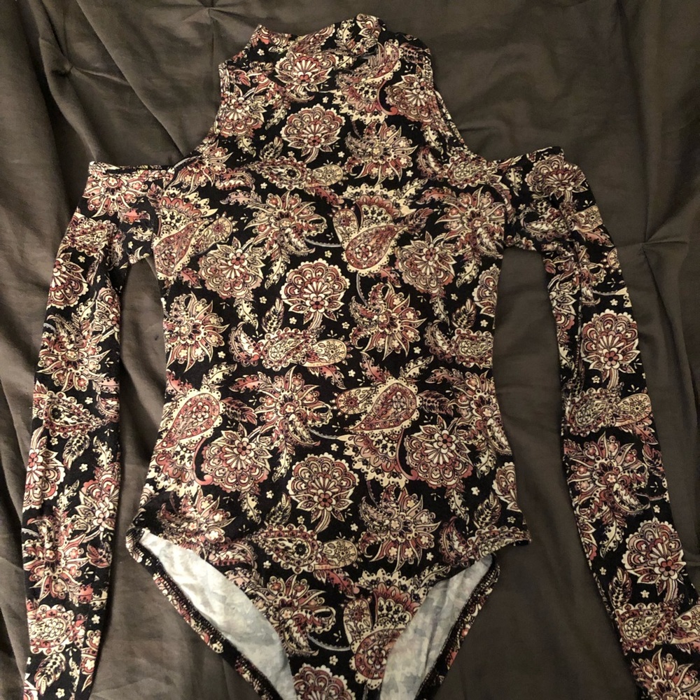 Floral turtleneck cold shoulder bodysuit